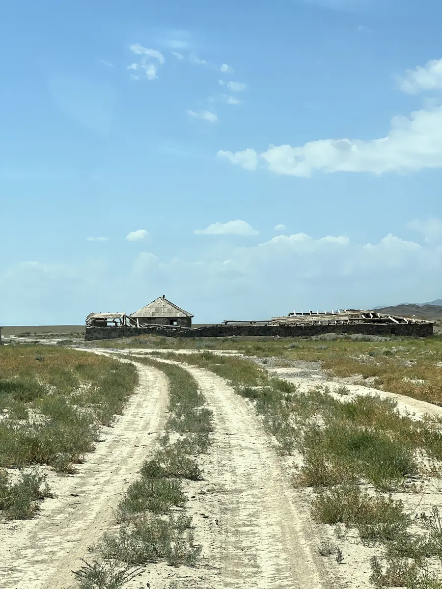 Dirt track leading to abandoned ruins on the open steppe near Charyn